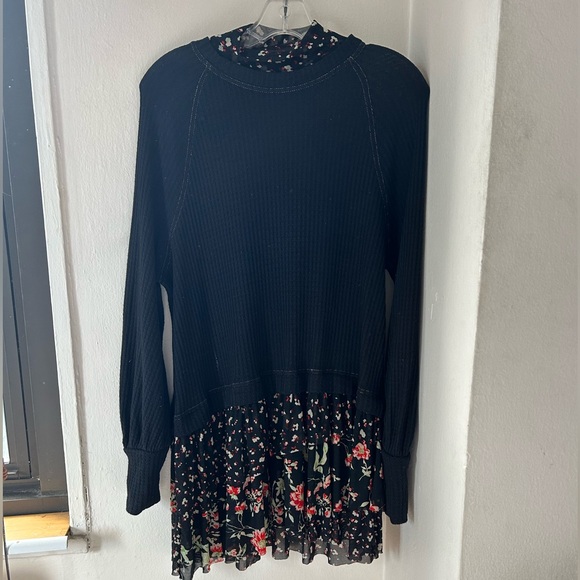 Free People Black Thermal Floral Tiered Bottom Long Sleeve Dress - Picture 3 of 7